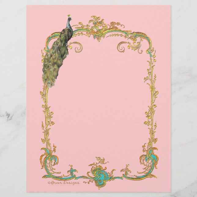 Peacock with Gold Frame Ornate Stationery (Front)