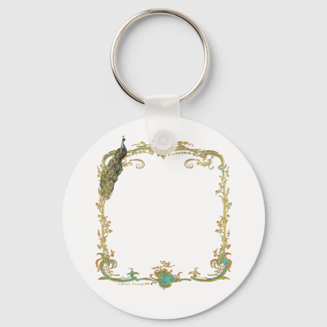 Peacock with Gold Frame "Save the Date" Keychain (Front)