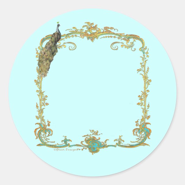 Peacock with Gold Frame "Save the Date" Sticker (Front)