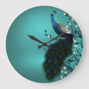 Peacock with Japanese blossom Large Clock
