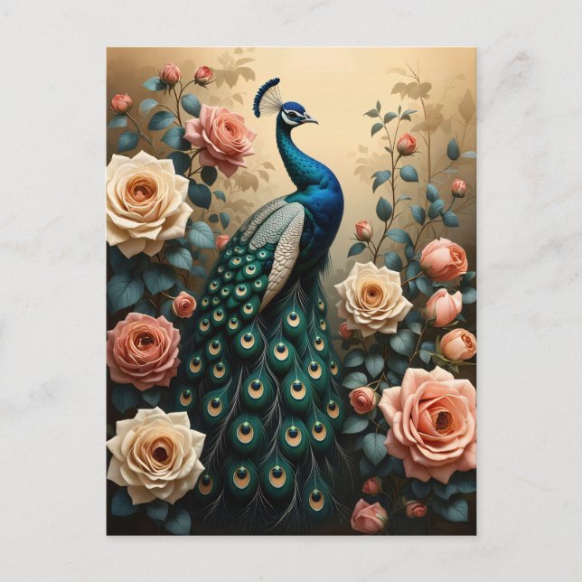 Peacock with Peach and Pink Roses Postcard (Front)