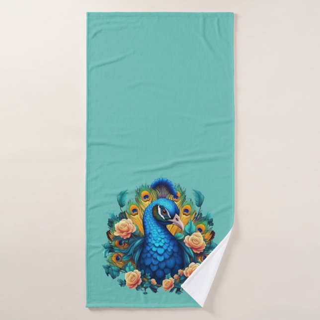 Peacock With Peach Roses Bath Towel (Bath Towel)
