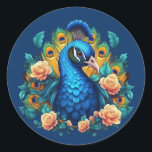 Peacock With Peach Roses Classic Round Sticker<br><div class="desc">Behold the majestic beauty of our stunning artwork featuring a resplendent peacock adorned with a cascade of peach pink roses. Vibrant hues and intricate details bring this magnificent creature to life, with its iridescent plumage shimmering in hues of blue, green, and gold, while delicate roses add a touch of softness...</div>