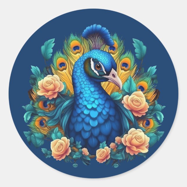 Peacock With Peach Roses Classic Round Sticker (Front)