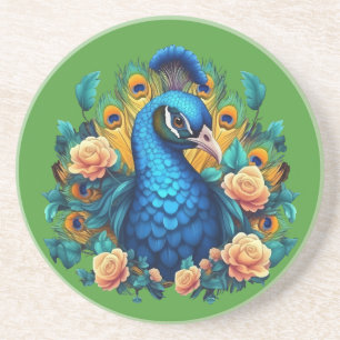 Peacock With Peach Roses Coaster