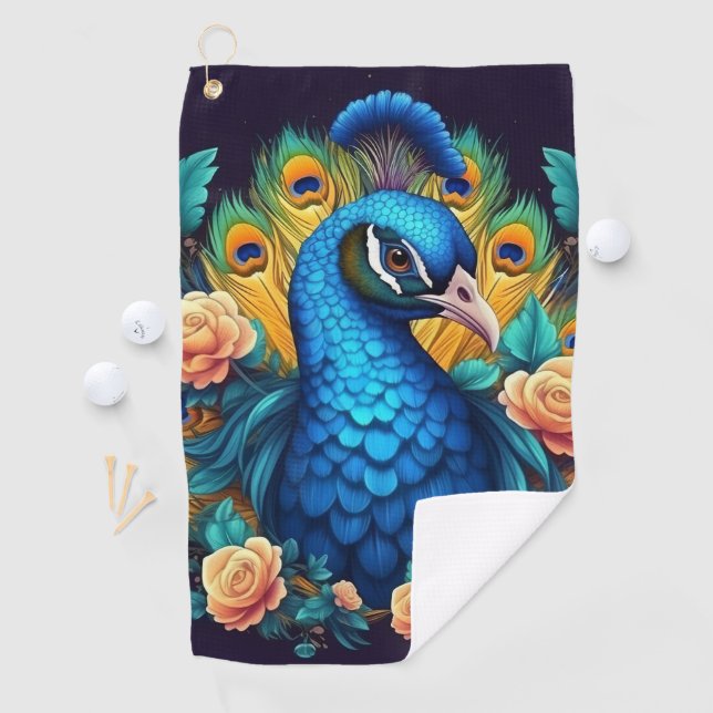 Peacock With Peach Roses Golf Towel (InSitu)