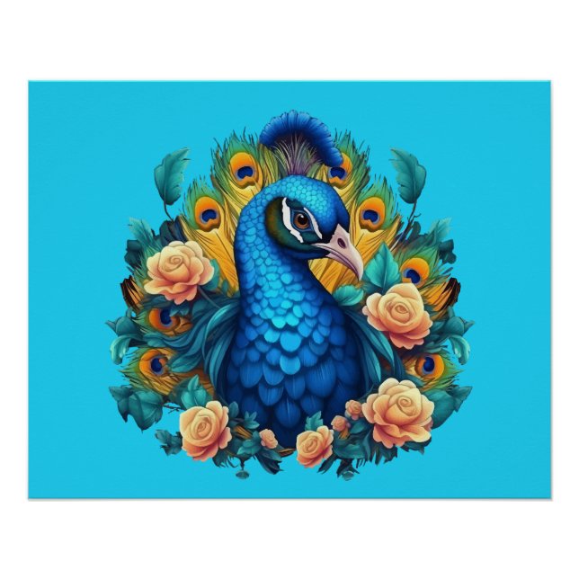 Peacock With Peach Roses Poster (Front)