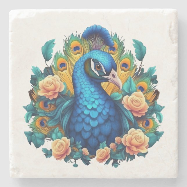 Peacock With Peach Roses Stone Coaster (Front)