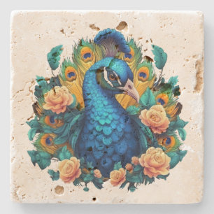 Peacock With Peach Roses Stone Coaster
