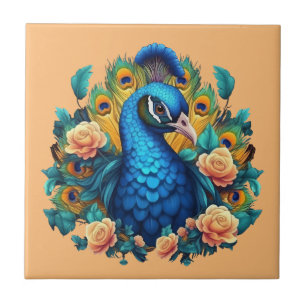 Peacock With Peach Roses Tile