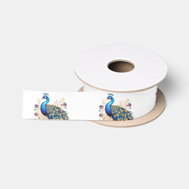 Peacock With Purple Flowers Satin Ribbon (Spool)