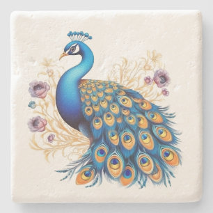 Peacock With Purple Flowers Stone Coaster