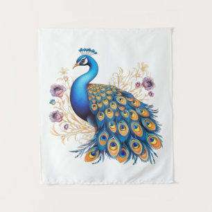 Peacock With Purple Flowers Tapestry