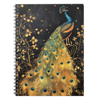 peacock with vibrant blue and gold plumage notebook