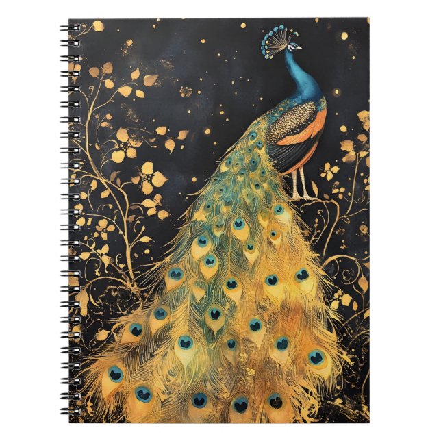 peacock with vibrant blue and gold plumage notebook (Front)