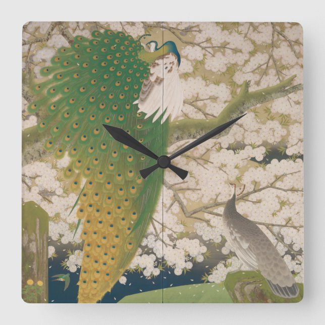 Peacocks and Cherry Tree (1925) Square Wall Clock (Front)