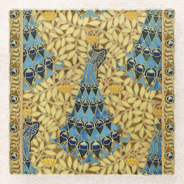 Peacocks Birds Rowan Trees Art Nouveau Glass Coaster (Front)
