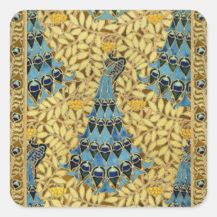 Peacocks Birds Rowan Trees Art Nouveau Square Sticker