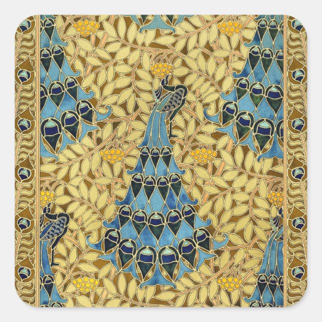 Peacocks Birds Rowan Trees Art Nouveau Square Sticker (Front)