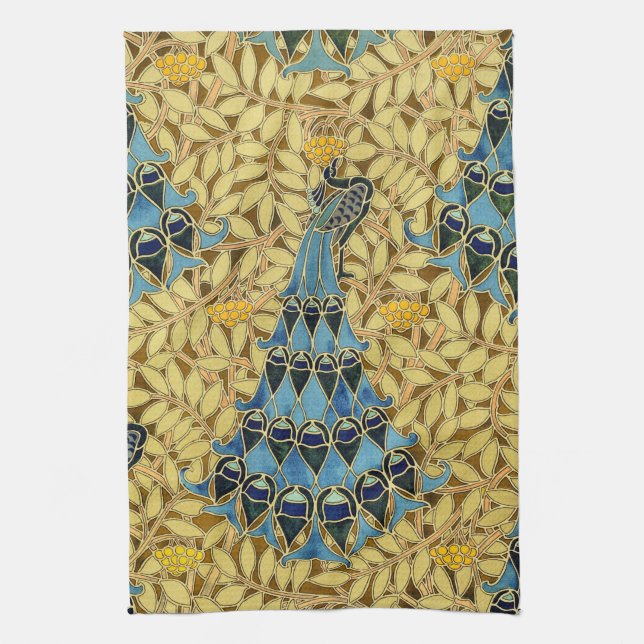 Peacocks Birds Rowan Trees Art Nouveau Tea Towel (Vertical)