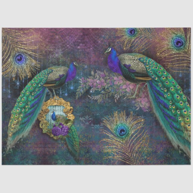 Peacocks Elegant Feathers Gold Glitter Decoupage Tissue Paper (Front)