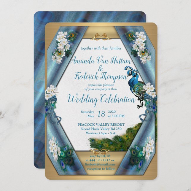 Peacocks & Emerald Green Metallic Silk Invitation (Front/Back)