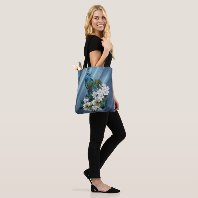 Peacocks & Emerald Green Metallic Silk Tote Bag (On Model)