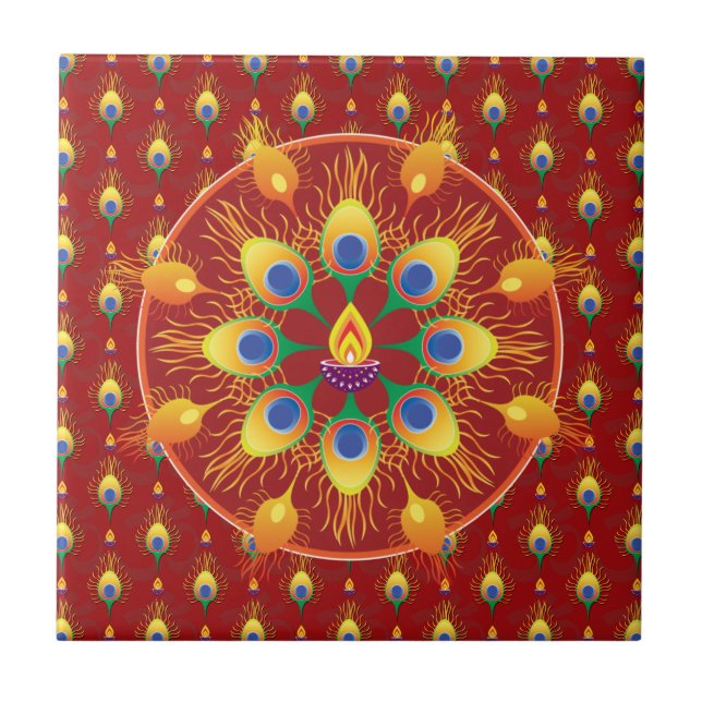 Peacocks' feather Rangoli on pattern Tile (Front)