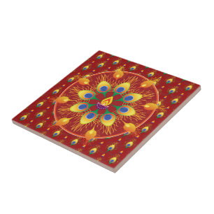 Peacocks' feather Rangoli on pattern Tile