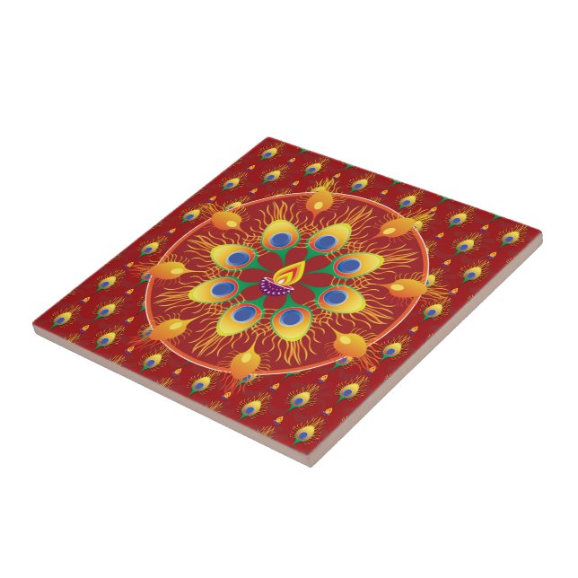Peacocks' feather Rangoli on pattern Tile (Side)