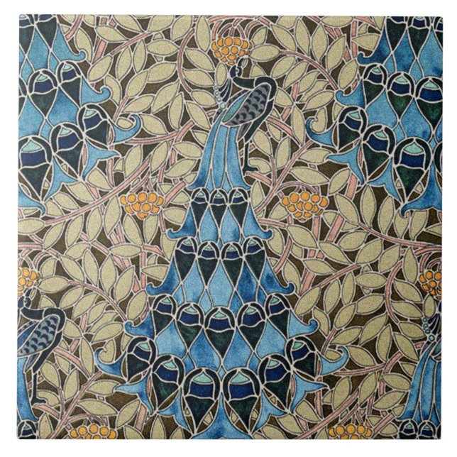 Peacocks, Fish and Seaweed Art Nouveau Tile (Front)