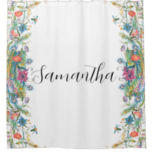 Peacocks frame with watercolor flowers shower curtain