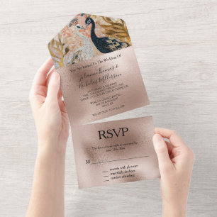 Peacocks Gold Blush Rose Wedding All In One Invitation