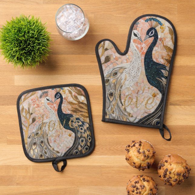 Peacocks Gold Glitter Love Blush Rose  Oven Mitt & Pot Holder Set (Top Down)