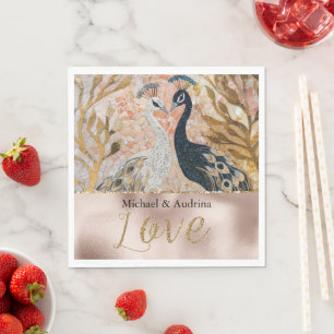 Peacocks Gold Glitter Love Blush Rose Wedding Napkin