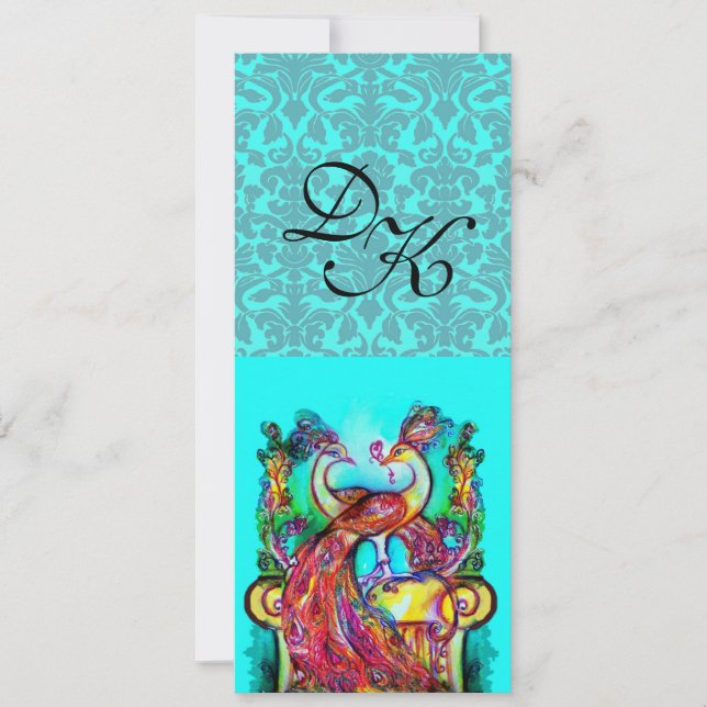 PEACOCKS IN LOVE AQUA BLUE TEAL DAMASK MONOGRAM INVITATION (Front)