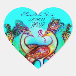 PEACOCKS IN LOVE HEART MONOGRAM Save the Date Heart Sticker