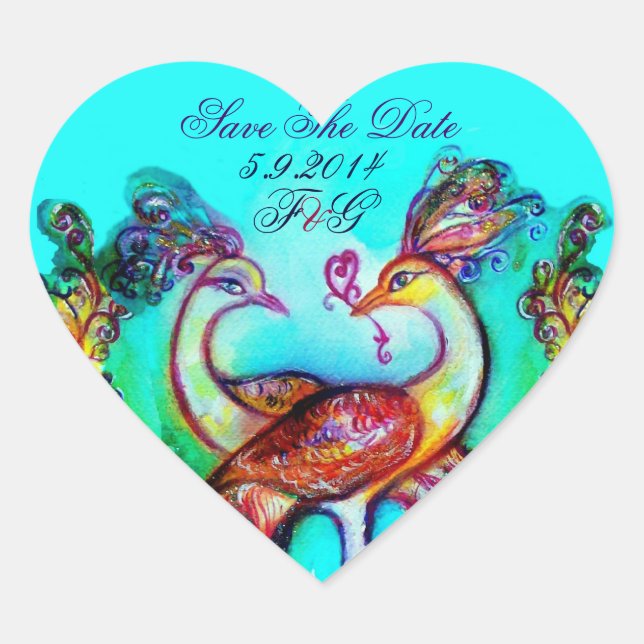 PEACOCKS IN LOVE HEART MONOGRAM Save the Date Sticker (Front)