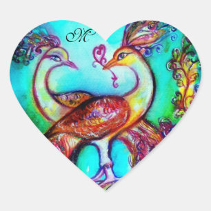 PEACOCKS IN LOVE HEART MONOGRAM Valentine's Day Sticker