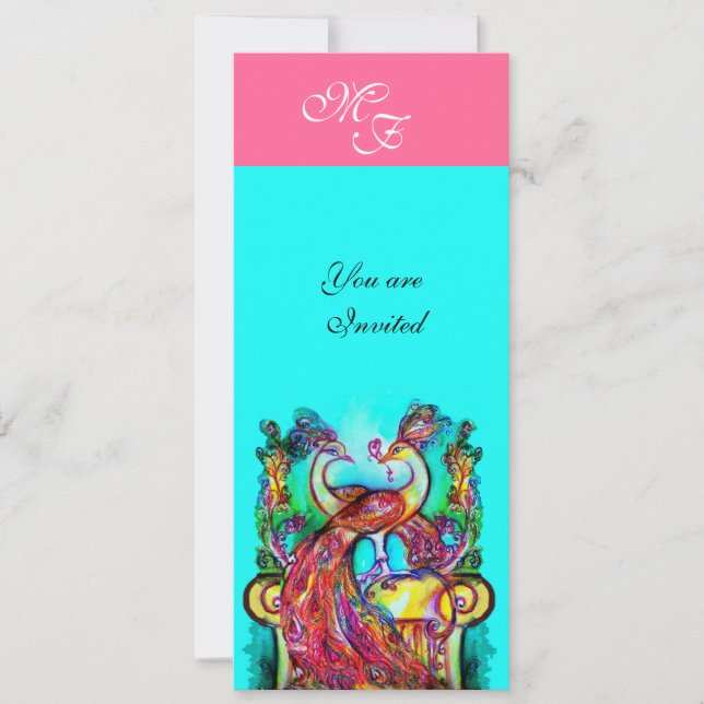PEACOCKS IN LOVE  MONOGRAM pink teal blue green Invitation (Front)