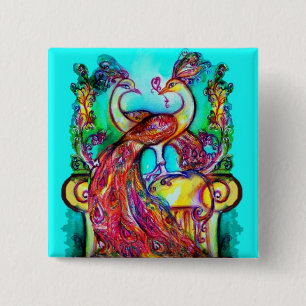 PEACOCKS IN LOVE MONOGRAM red blue turquase green 15 Cm Square Badge