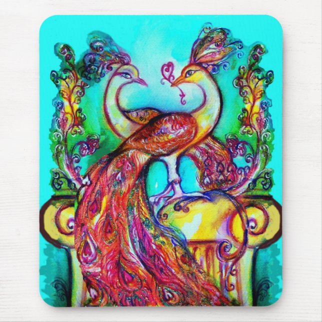 PEACOCKS IN LOVE  MONOGRAM red blue turquase green Mouse Pad (Front)