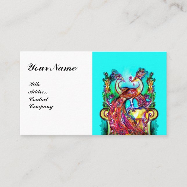 PEACOCKS IN LOVE MONOGRAM,Red White Blue Wedding Business Card (Front)