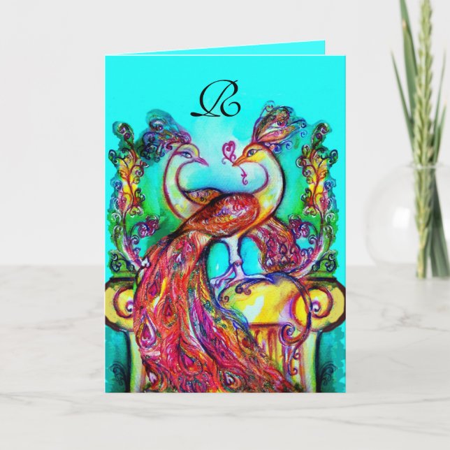 PEACOCKS IN LOVE MONOGRAM Valentine's Day Holiday Card (Front)