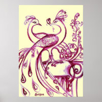 PEACOCKS IN LOVE, Red and Cream