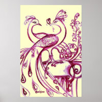 PEACOCKS IN LOVE, Red and Cream