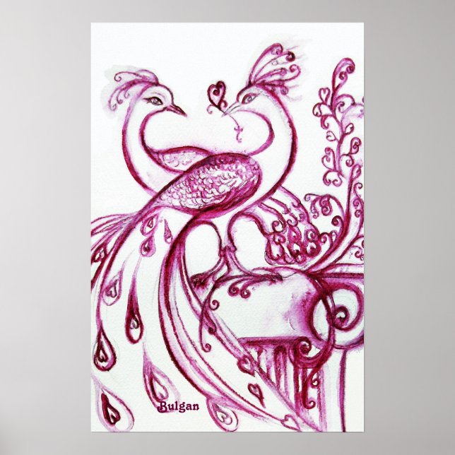 PEACOCKS IN LOVE, Red and White Poster (Front)