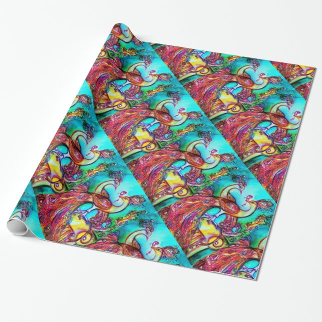 PEACOCKS IN LOVE ,red aqua blue green Wrapping Paper (Unrolled)