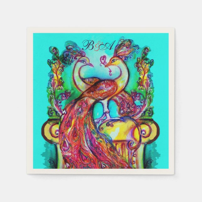 PEACOCKS IN LOVE Red Aqua Blue Wedding Monogram Napkin (Front)