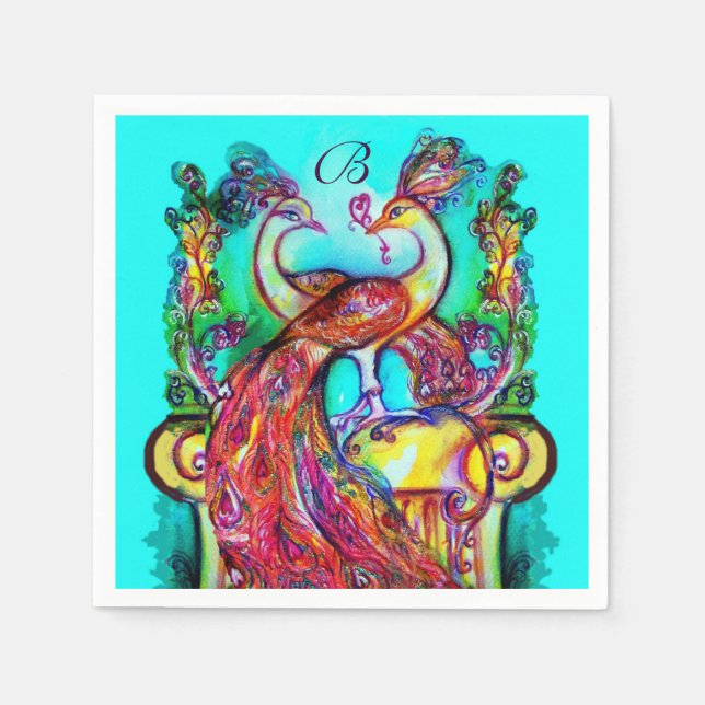 PEACOCKS IN LOVE Red Aqua Blue Wedding Monogram Napkin (Front)